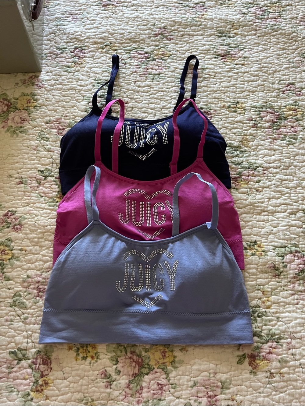 Juicy Couture Black, Pink & Lavender Rhinestone Logo Seamless Bralettes - 3 Pack - Picture 3 of 6